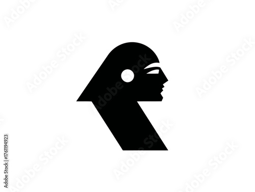 A minimalist vector icon of the Sphinx's head (human profile) merged with a lion's body, constructed from basic geometric shapes.