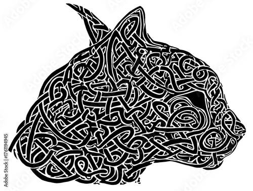 The silhouette of a cat's head formed from an intricate, endless Celtic knotwork pattern.