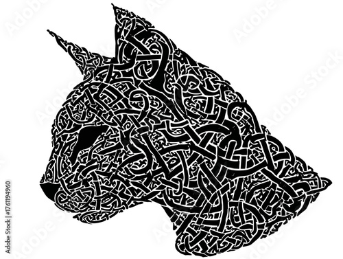 The silhouette of a cat's head formed from an intricate, endless Celtic knotwork pattern.