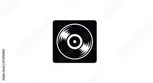 Simple black and white icon of a vinyl record in a square frame