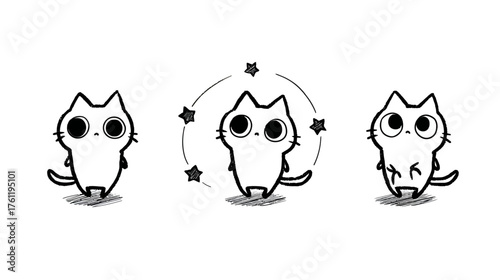 A set of three simple stick-figure cats in mystical poses: circling a crystal, staring intently, and sitting in a pentagram.