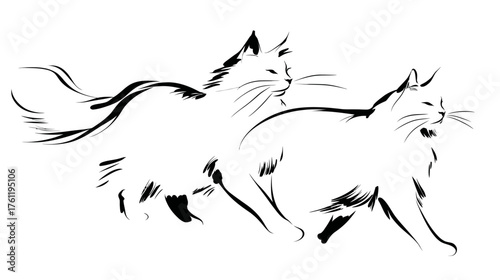 A continuous line art drawing of two large, fluffy cats walking side-by-side, representing Freya's chariot-pullers.