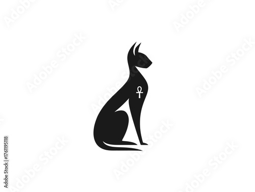 An elegant, minimalist vector icon of an Egyptian cat in profile, with a sleek body and a simple ankh symbol incorporated into its ear.