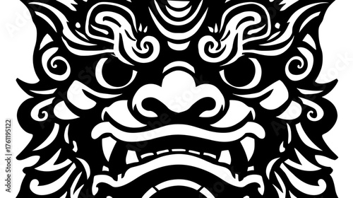 A stylized, symmetrical vector illustration of a Chinese Guardian Lion's face, suitable for a logo or emblem.