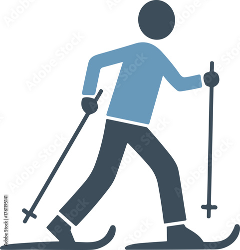Skiing illustrated with a skier in motion using poles, representing winter sports and copy space