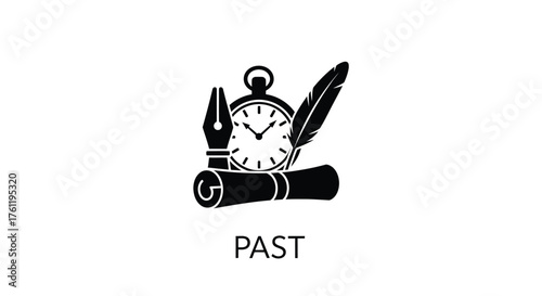 A vintage design featuring a quill pocket watch and rolled parchment