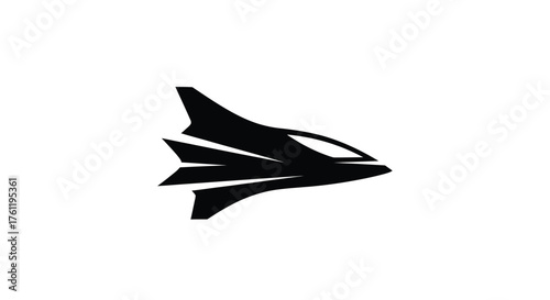 A minimalist depiction of a sleek black spaceship in a flat design