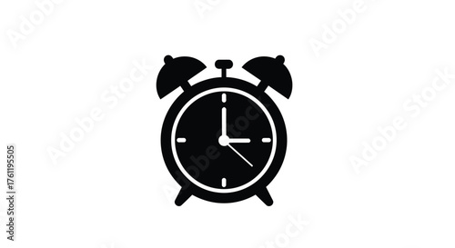 Simple black silhouette of a classic alarm clock on a white background