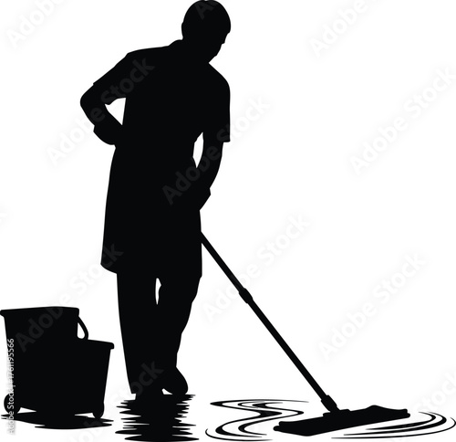 Cleaner mopping wet floor silhouette cartoon illustration, symbolic labor and expressive gesture artwork for hygiene and lifestyle design