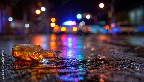 Drunk Driving Accident Scene at Night with Flashing Police Lights.