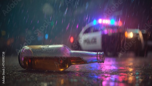 Drunk Driving Scene with Beer Bottle and Police Car.
