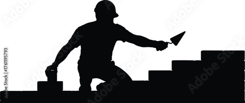Construction worker laying bricks silhouette cartoon illustration, symbolic labor and expressive gesture artwork for infrastructure and lifestyle design