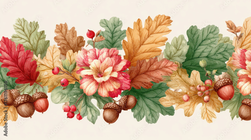 Fototapeta premium Autumnal floral border. Hand-made seamless horizontal design