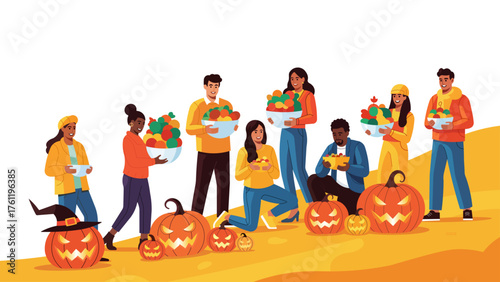 Illustration of group of people carving pumpkins and holding bowls of fruits isolated on white background