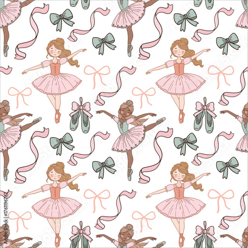Elegant seamless pattern with graceful ballerinas, pointe shoes, bows, and satin ribbons. Romantic hand-drawn doodle illustrations in soft pastel tones for refined designs.