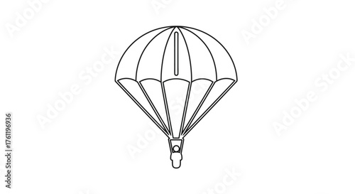 A simple line drawing of a parachute with attached harness visible