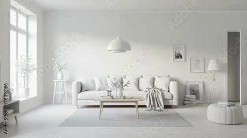 Minimalist living room interior design with white furniture and natural light