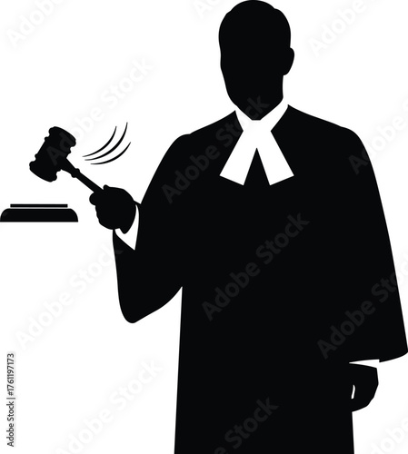 Judge striking gavel silhouette cartoon illustration, symbolic authority and expressive gesture artwork for justice and lifestyle design