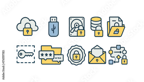 Data security, protection flat icon set. Safe storage, privacy flat icons collection