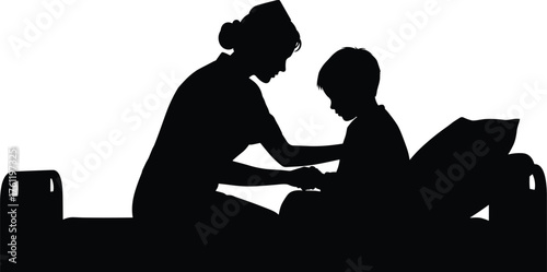 Nurse caring for child silhouette cartoon illustration, symbolic compassion and expressive gesture artwork for healthcare and lifestyle design