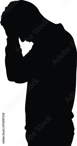 Person holding head silhouette cartoon illustration, symbolic emotion and expressive gesture artwork for lifestyle and emotional storytelling design