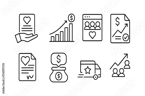 Charity and donation line icon set. Fundraising, nonprofit economical icons collection