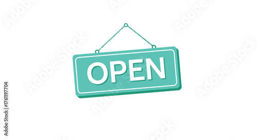 A teal colored open sign hanging by a string isolated on white