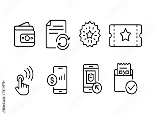 Finance, transaction line icon set. Wallet, payment, mobile app, ticket symbols collection