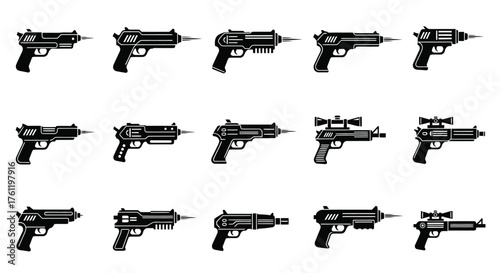A collection of various retro ray guns in a black and white style