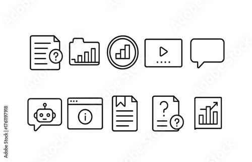 Business and analytics outline icon set: charts, documents, communication symbols