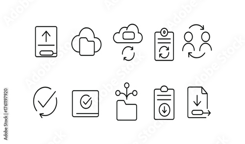 Data management icon set. Cloud, sync, file sharing icons outline collection