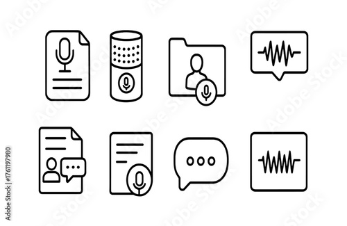 Voice recognition, transcription line icon set. Voice command linear icons collection
