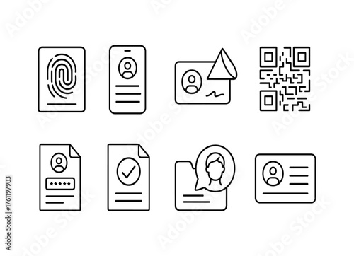 Identification and security line icon set. Id, verification, security linear icons collection