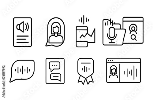 Communication and technology outline icon set. Messaging, audio, data symbols collection