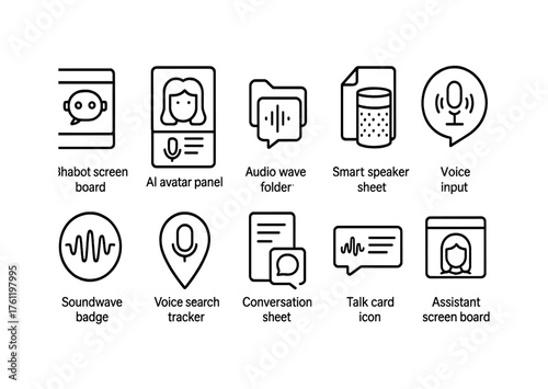 Voice technology outline icon set. Chatbot, ai avatar, voice input icons in linear style.
