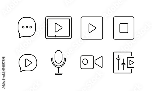 Media and communication line icon set: audio, video, chat, microphone, play symbols