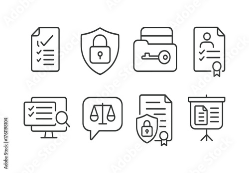 Security and legal line icon set. Privacy, compliance, document protection icons collection