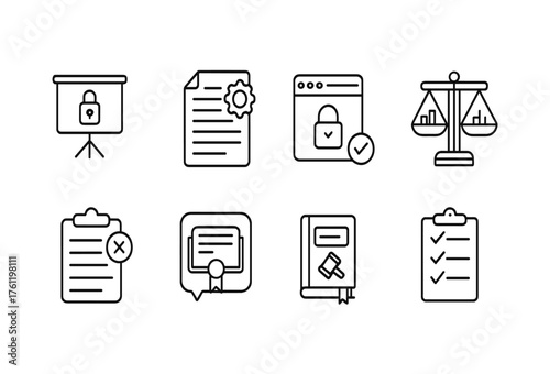 Legal, justice line icon set. Law, contract, security icons in linear style