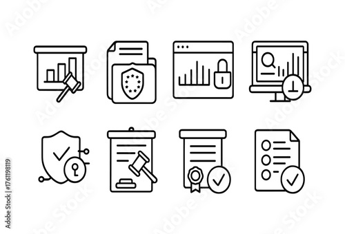 Legal and security outline icon set. Court and protection line icons collection