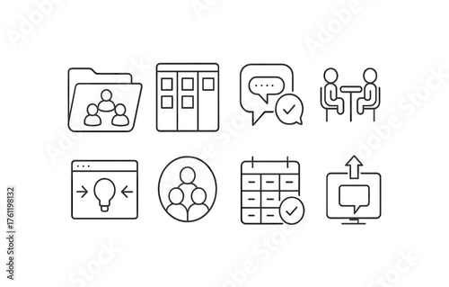 Business and teamwork linear icon set for collaboration and communication