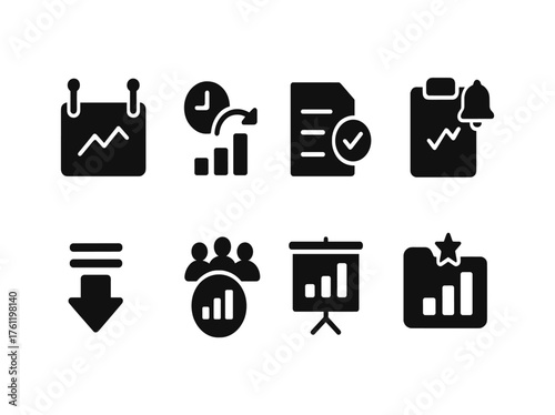 Data analysis solid icon set. Charts, statistics, report, data management icons solid collection