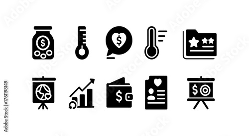 Finance and business solid icon set. Money, analysis, wallet, chart icons collection.