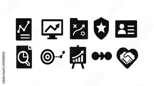 Business and analytics solid icon set. Strategy, data visualization, growth symbols