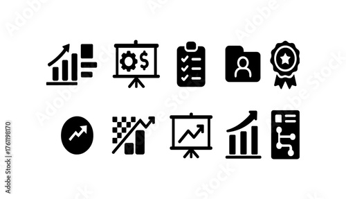 Business and finance solid icon set for productivity and growth