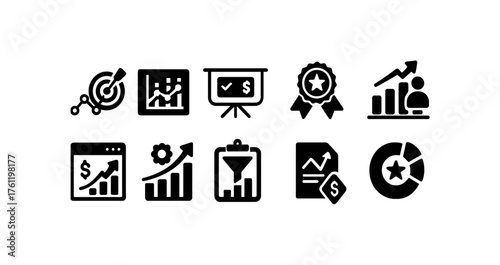 Business and analytics solid icon set. Charts, growth, data analytics icons collection