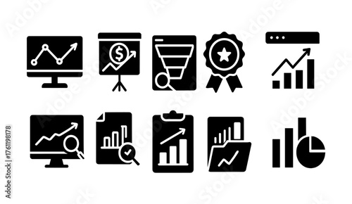 Analytics and data solid icon set. Business, statistics, report icons collection