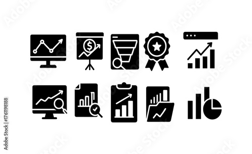 Business and analytics icon set: solid graphics for data presentation and marketing