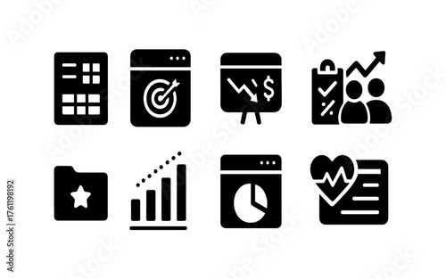 Business and analytics solid icon set: data, finance, graphs, and reports icons collection