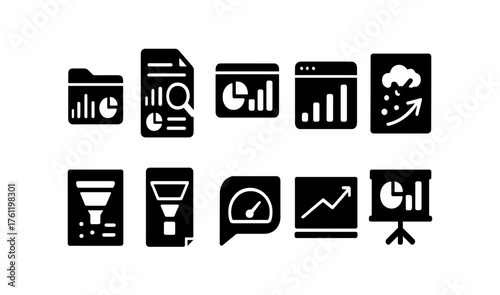 Data analytics, report solid icon set. Metrics, chart, dashboard solid collection