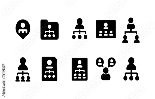 Organizational chart solid icon set. Hierarchy, team management symbols collection